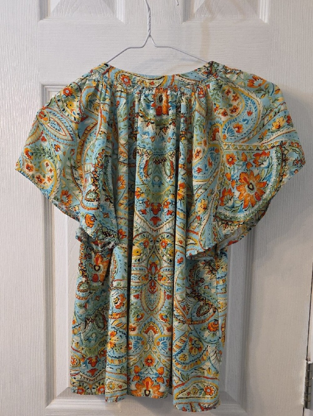 Workshop Republic Clothing Turquoise and Orange Paisley Button-Front Blouse - Picture 3 of 4